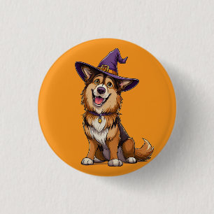 Chapa Redonda De 2,5 Cm Perro Feliz con un Sombrero de Bruja