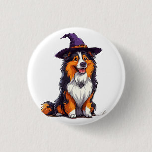 Chapa Redonda De 2,5 Cm Perro Feliz con un Sombrero de Bruja