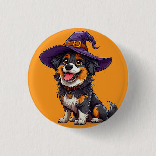 Chapa Redonda De 2,5 Cm Perro Feliz con un Sombrero de Bruja