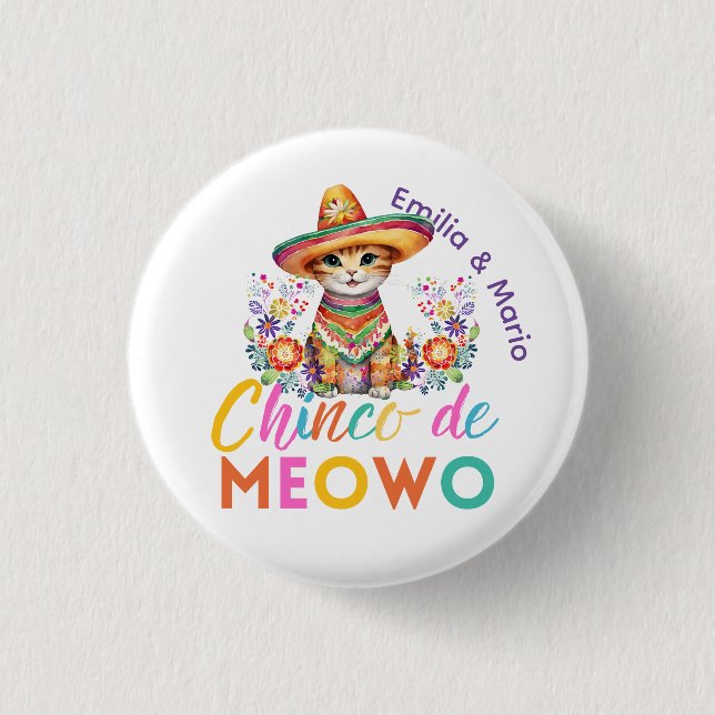 Chapa Redonda De 2,5 Cm Personalizado Fiesta Cinco De Meowo Cute Cat Fiest (Anverso)
