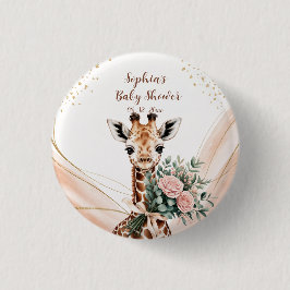 Chapa Redonda De 2,5 Cm Personalized Pink Floral Giraffe Baby Shower Butto