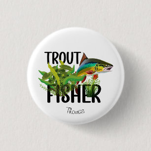 Chapa Redonda De 2,5 Cm Pescador de Trucha Trucha Arcoíris en Entorno Natu