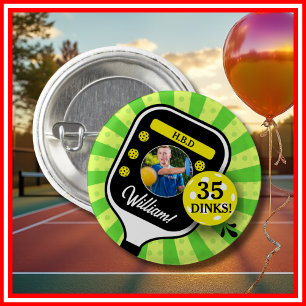 Chapa Redonda De 2,5 Cm Pickleball Partido de Cumpleaños RETRO Green Sport