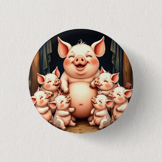 Chapa Redonda De 2,5 Cm  Pig Art – Mother & Piglets (Anverso)