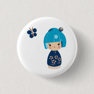 Chapa Redonda De 2,5 Cm Pin azul del trío de Kokeshi