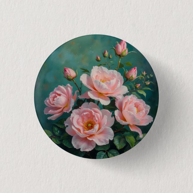 Chapa Redonda De 2,5 Cm Pink Peonies Artwork on Emerald Green (Anverso)