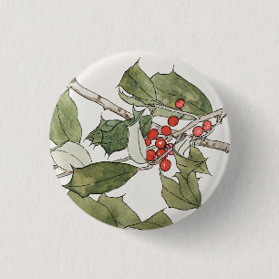 Chapa Redonda De 2,5 Cm Pintura al acuarela de acebo, Hannah Borger Overbe
