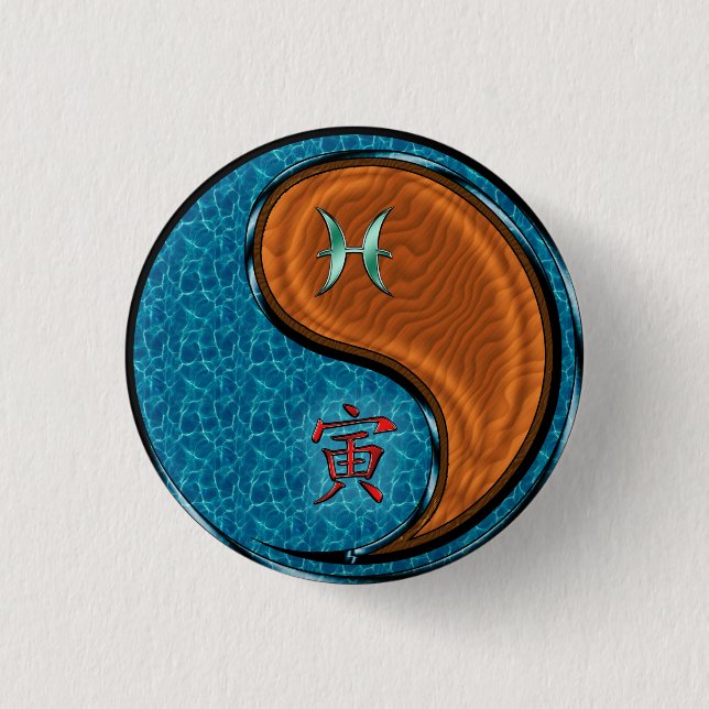 Chapa Redonda De 2,5 Cm Piscis & Tigre de Madera (Anverso)