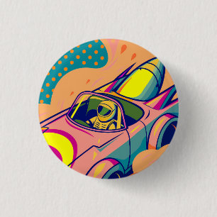 Chapa Redonda De 2,5 Cm Pop Art Astronaut Driving Rocket Car