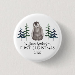 Chapa Redonda De 2,5 Cm Primer bebé de Navidad pingüino y árbol personaliz