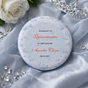 Chapa Redonda De 2,5 Cm Princesa Azul Claro Plateada Quinceañera Cumpleaño