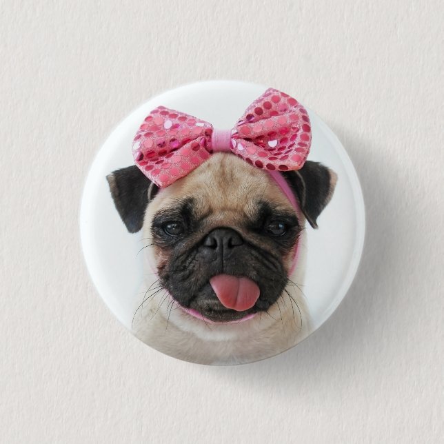 Chapa Redonda De 2,5 Cm Pug con arco rosado (Anverso)
