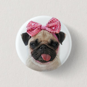 Chapa Redonda De 2,5 Cm Pug con arco rosado