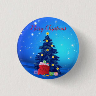 Chapa Redonda De 2,5 Cm Purpurina azul con árbol y regalo de Navidad