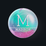 Chapa Redonda De 2,5 Cm Purpurina rosa lindo con nombre personalizado azul<br><div class="desc">Botón de nombre personalizado de color rosa oscuro en azul claro</div>