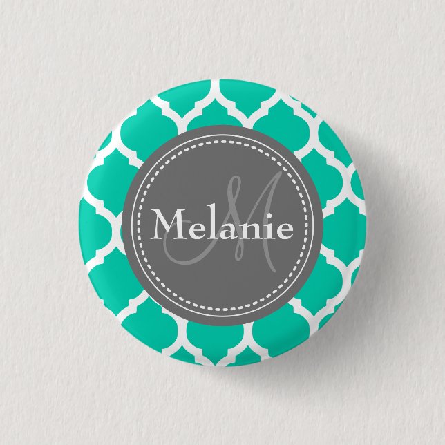 Chapa Redonda De 2,5 Cm Quatrefoil azul y gris monogramado (Anverso)