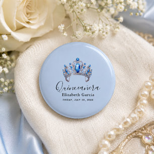 Chapa Redonda De 2,5 Cm Quinceañera floral azul y marfil