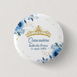 Chapa Redonda De 2,5 Cm Quinceanera Gold Tiara Purpurina y Blue Floral