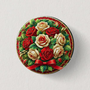 Chapa Redonda De 2,5 Cm Ramo elegante de rosas rojas y blancas