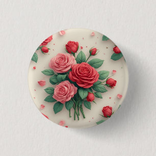 Chapa Redonda De 2,5 Cm Ramos de rosas rosadas y rojas elegantes