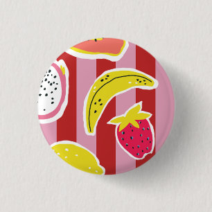 Chapa Redonda De 2,5 Cm rayas rojas y rosadas con frutas tropicales