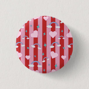 Chapa Redonda De 2,5 Cm Rayas rosadas y rojas con arcoíris y corazones