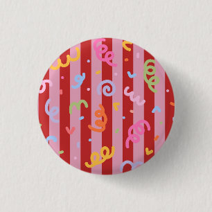 Chapa Redonda De 2,5 Cm Rayas rosadas y rojas, con diseño de confeti 