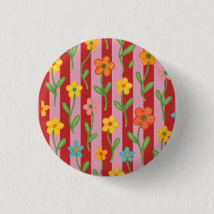 Chapa Redonda De 2,5 Cm Rayas rosadas y rojas con flores coloridas