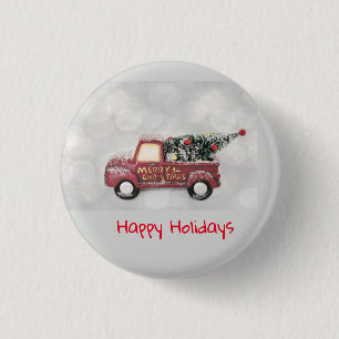Chapa Redonda De 2,5 Cm red vintage truck on a grey bokeh background