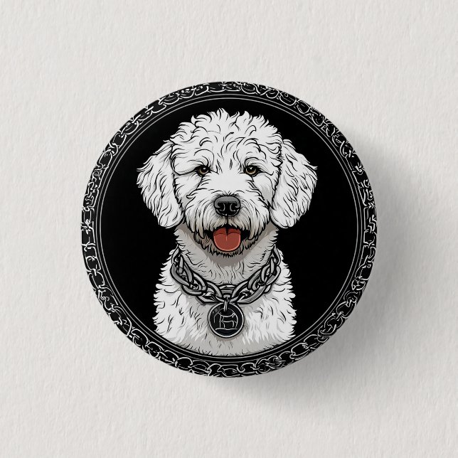 Chapa Redonda De 2,5 Cm Retrato de perro blanco con collar de cadena (Anverso)