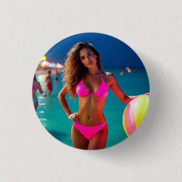 Chapa Redonda De 2,5 Cm Retrato de playa Twilight — Mujer en Bikin Neon Pi