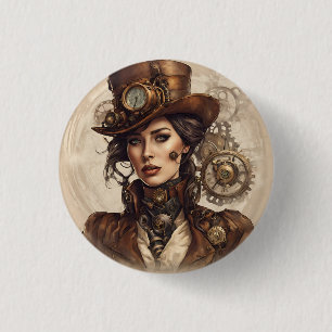 Chapa Redonda De 2,5 Cm Retrato de Steampunk de una mujer en Victoria