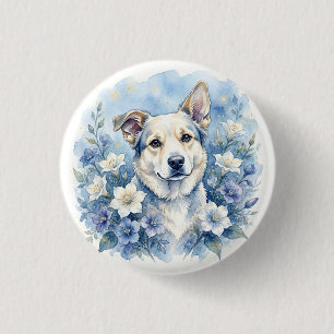 Chapa Redonda De 2,5 Cm Retrato floral botánico de perro en acuarela