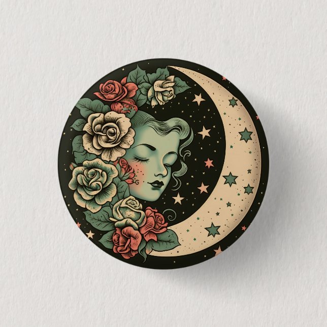 Chapa Redonda De 2,5 Cm Retro Art Deco Green Crescent Moon Lady (Anverso)
