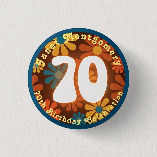Chapa Redonda De 2,5 Cm Retro Hippie Flower Power 70 cumpleaños (Anverso)
