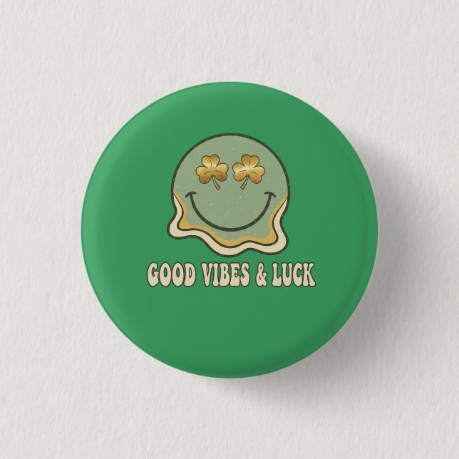Chapa Redonda De 2,5 Cm Retro St. Patrick's Day Good Vibes & Luck Smiley  (Anverso)