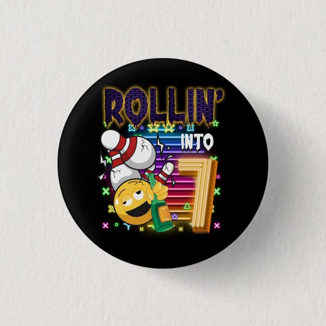 Chapa Redonda De 2,5 Cm Rollin en 7 Bowling Birthday Party 7º cumpleaños (Anverso)