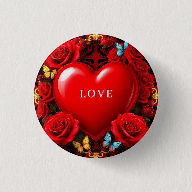 Chapa Redonda De 2,5 Cm Romantic Red Heart Framed by Roses and Butterflies (Anverso)