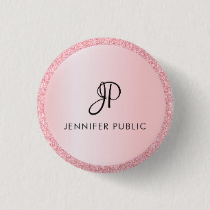 Chapa Redonda De 2,5 Cm Rosa de plantilla monogramada Purpurina dorada