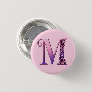 Chapa Redonda De 2,5 Cm Rosemaling Metálico Moderno Letra M, Rosa/Morado