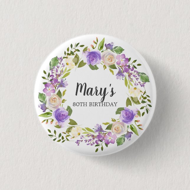 Chapa Redonda De 2,5 Cm Rustic Purple Floral 80th Birthday Button (Anverso)