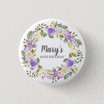 Chapa Redonda De 2,5 Cm Rustic Purple Floral 80th Birthday Button<br><div class="desc">Purple and ivory white roses create a beautifully rustic floral wreath. The birthday woman's name is written in a large script font. 80th Birthday is below. This item is part of the Rustic Purple Floral Botanical 80th Birthday collection. It contains many DIY templates that let you quickly create invitations and...</div>