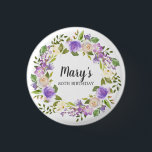Chapa Redonda De 2,5 Cm Rustic Purple Floral 80th Birthday Button<br><div class="desc">Purple and ivory white roses create a beautifully rustic floral wreath. The birthday woman's name is written in a large script font. 80th Birthday is below. This item is part of the Rustic Purple Floral Botanical 80th Birthday collection. It contains many DIY templates that let you quickly create invitations and...</div>