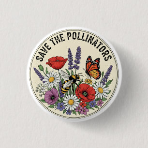 Chapa Redonda De 2,5 Cm Salva al polinizador con abeja, mariposa y flores