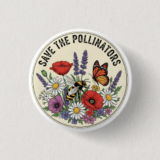 Chapa Redonda De 2,5 Cm Salva al polinizador con abeja, mariposa y flores