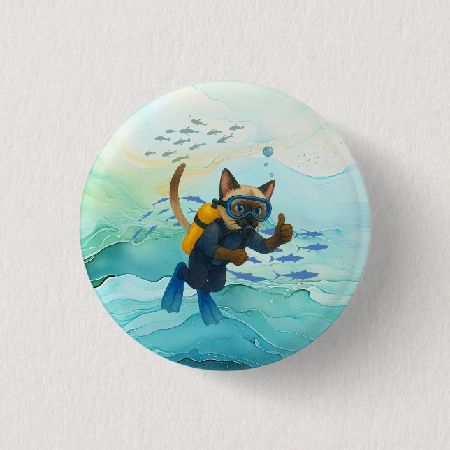 Chapa Redonda De 2,5 Cm Scuba Cat is diving  Underwater  (Anverso)