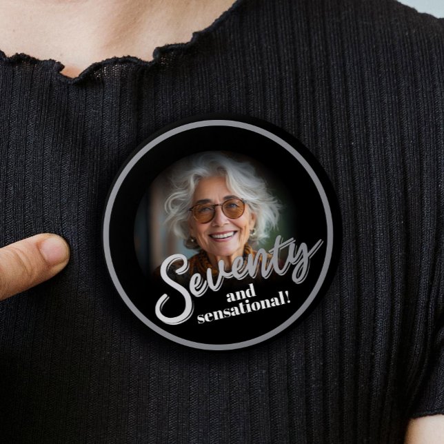 Chapa Redonda De 2,5 Cm Seventy 70th Birthday photo script silver black (Subido por el creador)