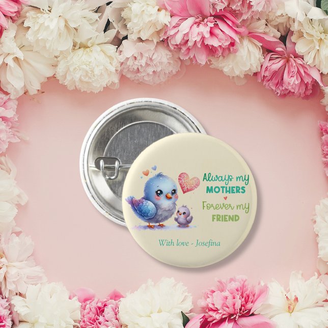 Chapa Redonda De 2,5 Cm Siempre mi madre - Mamá de pájaro y bebé (Always my Mother - Bird Mum & Baby Button)