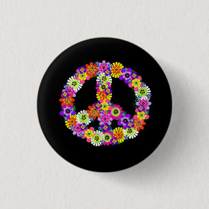 Chapa Redonda De 2,5 Cm Signo de paz floral sobre negro