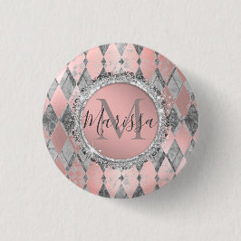 Chapa Redonda De 2,5 Cm Silvery Pink Glittery Harlequin Monogram